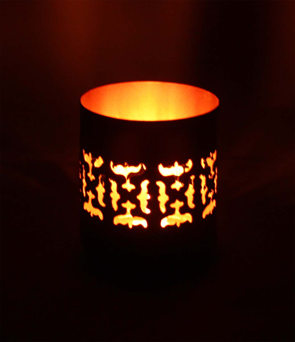 Handmade Votive Candle Stand - Round Shape - Cast in Iron - Black & Copper Color Finish - Abstract Symmetric Motifs - Tea-Light Candle Holders in Metal - Decorative Centerpieces - Buy in Bulk Wholesale
